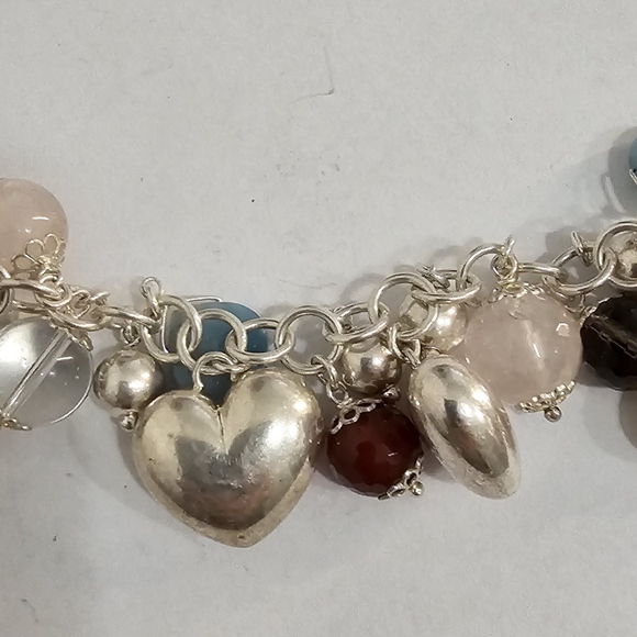 925 Sterling Silver Italy Multy-Color Gem Heart Design Cha Cha Link Bracelet 7" - Picture 4 of 8